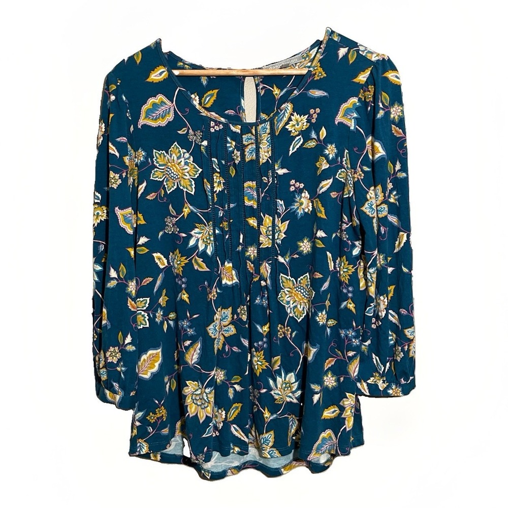 Daniel Rainn Floral Pin Tuck Tunic Top Blouse Women's Medium Scoop Neck Teal